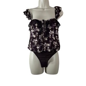 Free People Women's Top Merlot Floral Lace Flutter‎ Cottagecore Bodysuit Size M